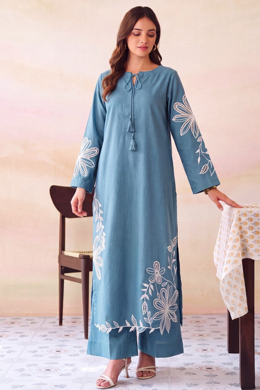Carolina Blue Embroidered Khaddar Kurta Set Online in Dubai UAE Abudhabi Ajman Sharjah
