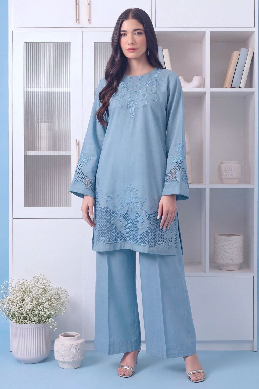 Carolina Blue Embroidered Khaddar Kurta Set Online in Dubai UAE Abudhabi Ajman Sharjah