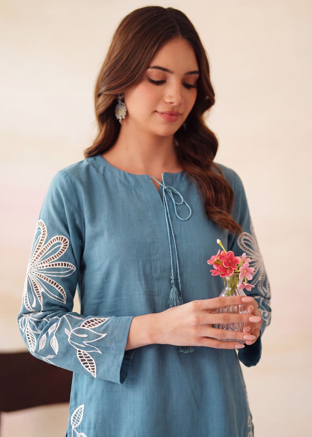 Carolina Blue Embroidered Long Kurta with Plazzo Online in UK USA Canada