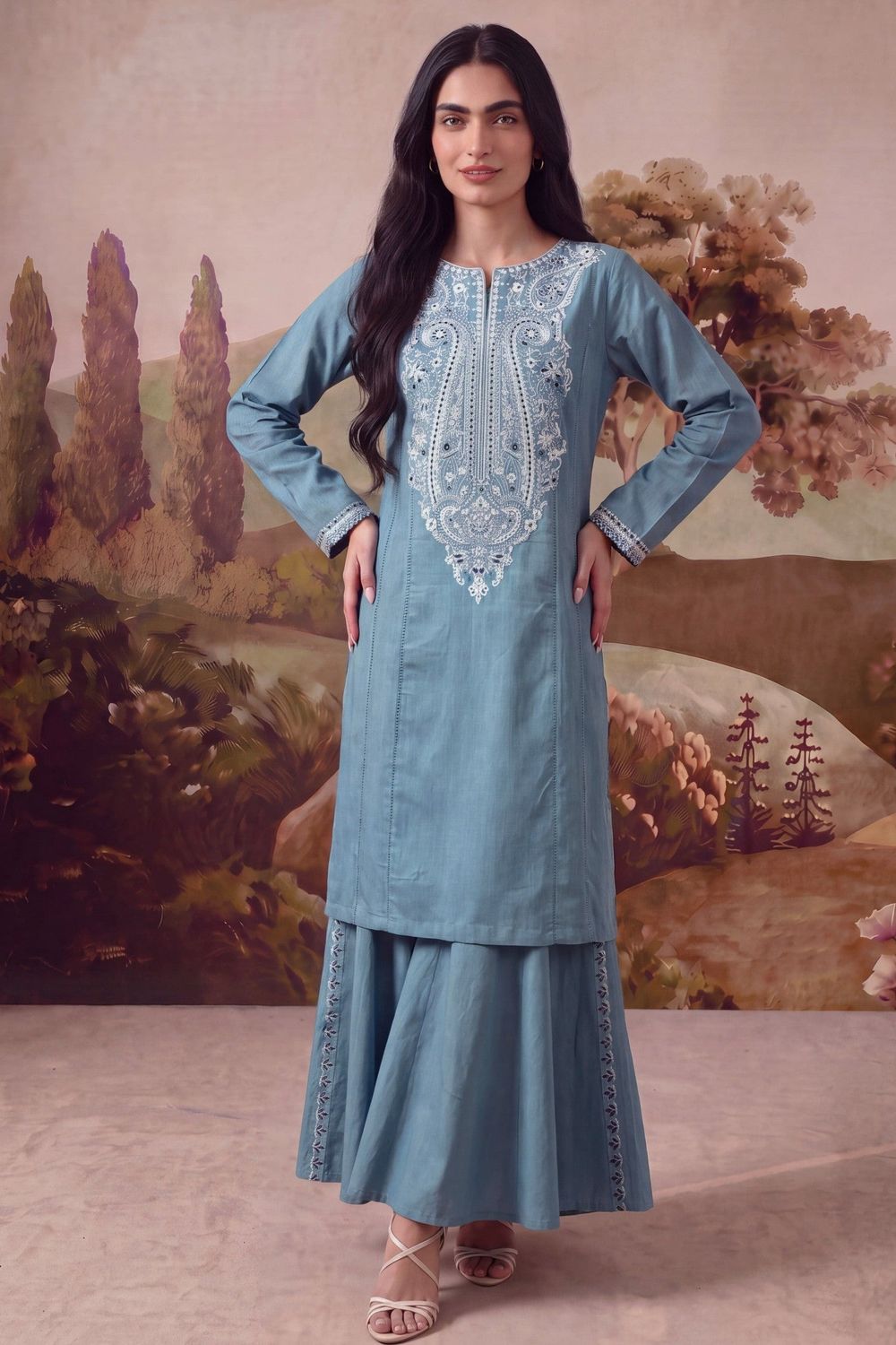 Carolina Blue Patchwork Khaddar Sharara Online in Dubai UAE Abudhabi Ajman Sharjah