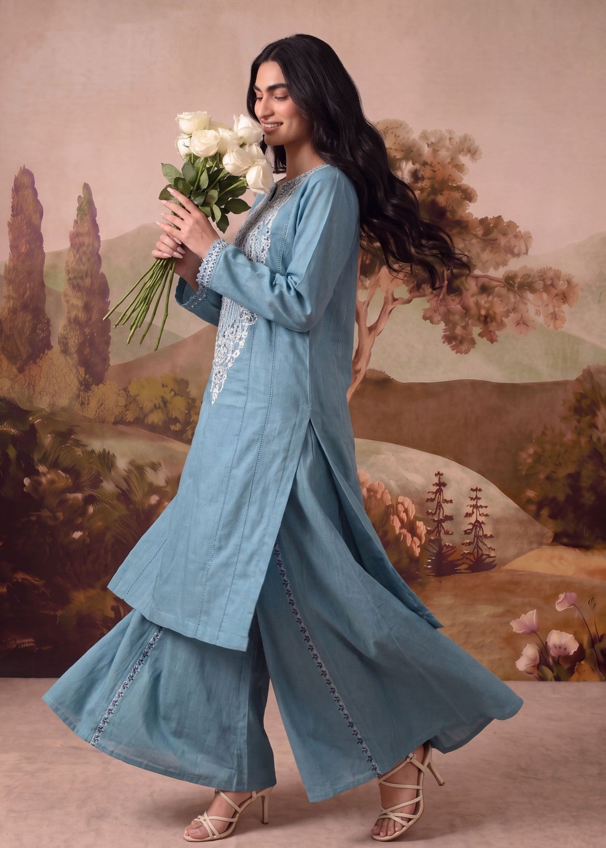 Carolina Blue Patchwork Khaddar Sharara Online in Dubai UAE Abudhabi Ajman Sharjah