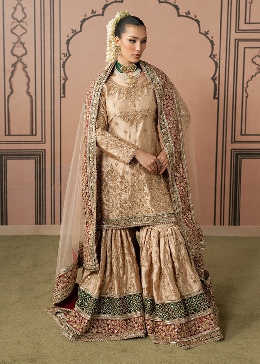Champagne Beige Embroidered Organza Sharara Gharara Online in UK USA Canada