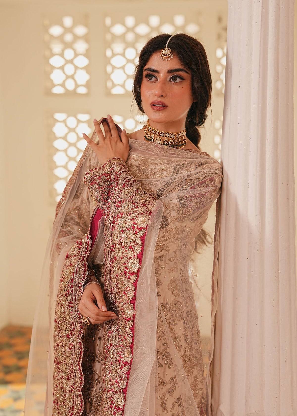 Champagne Charmuse Embroidered Suit Online in Dubai UAE Abudhabi Ajman Sharjah