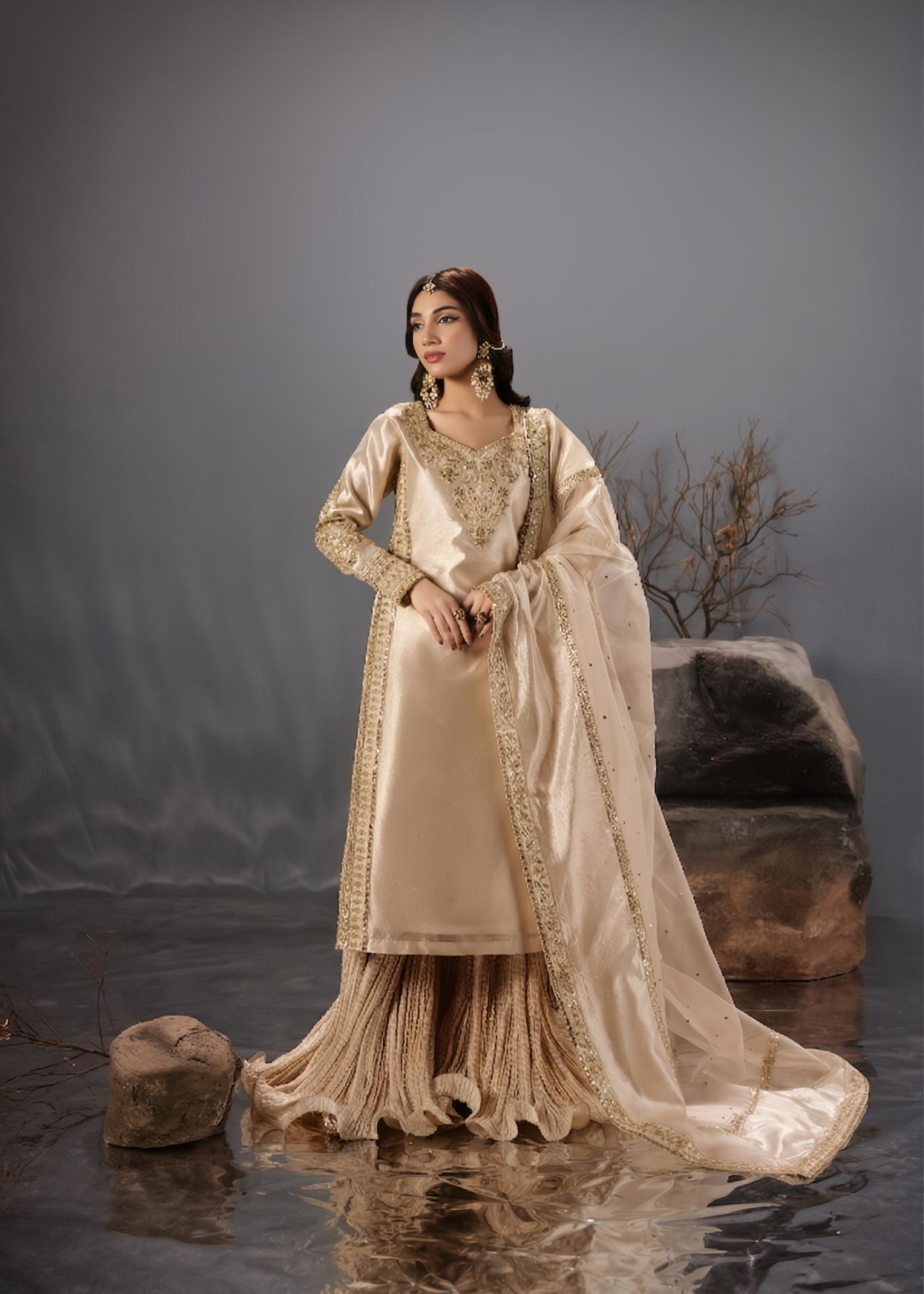 Champagne Color Embroidered Tissue Kurti Sharara Set Online in Dubai UAE Abudhabi Ajman Sharjah