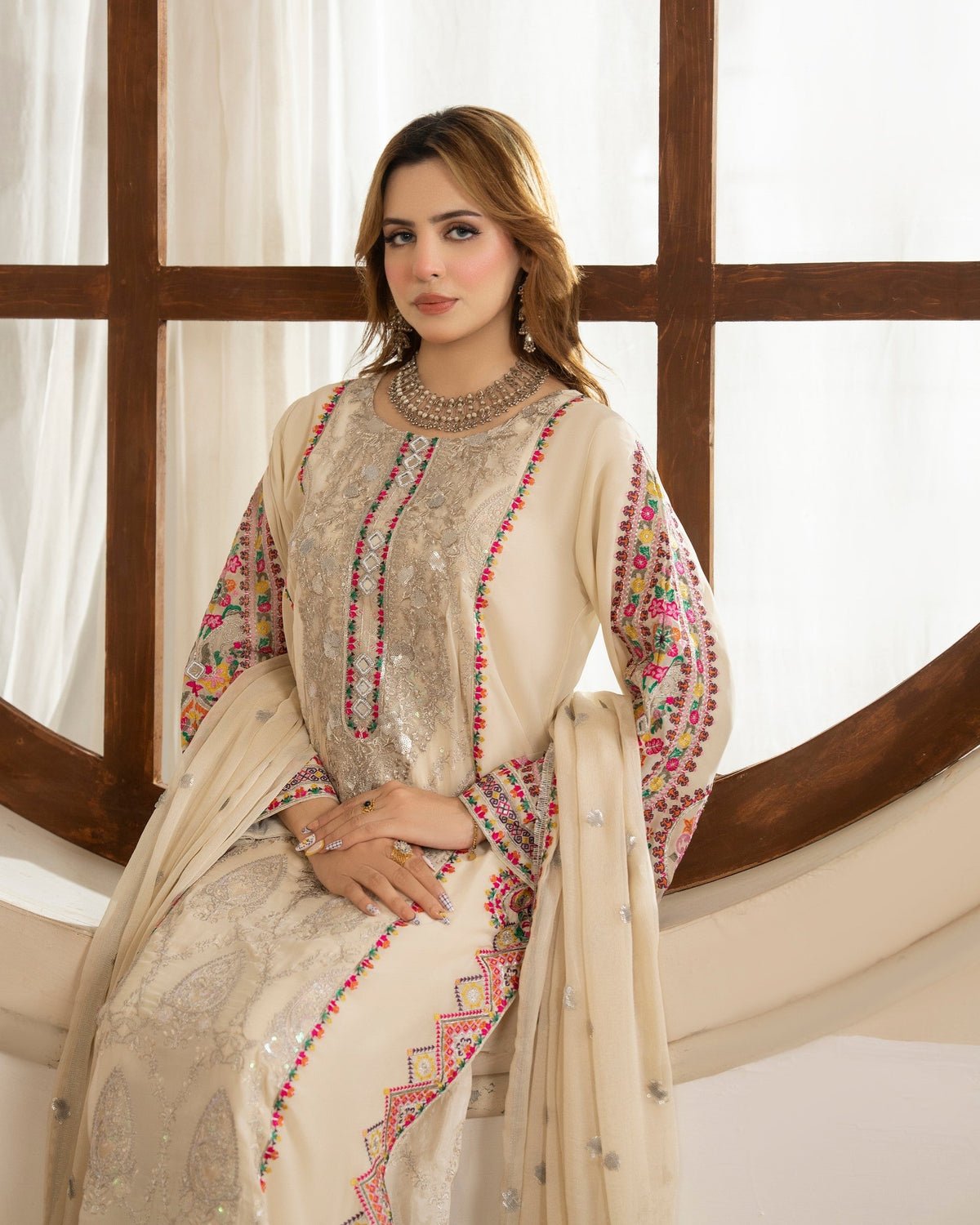 Champagne Cream 3PC Ready to Wear Embroidered Suit Online in Dubai UAE Abudhabi Ajman Sharjah