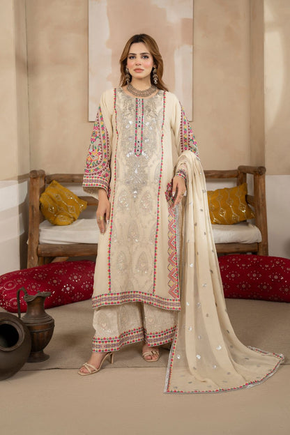 Champagne Cream Embroidered Georgette Suit Online in Dubai UAE Abudhabi Ajman Sharjah