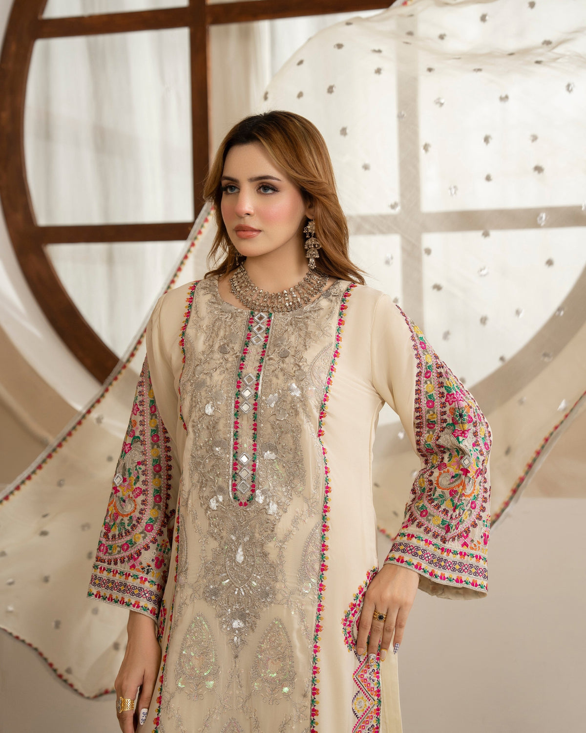 Champagne Cream Multi Tilla Embroidered Pakistani Designer Suit Online in Dubai UAE Abudhabi Ajman Sharjah