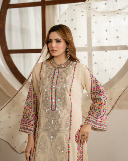 Champagne Cream Multi Tilla Embroidered Pakistani Designer Suit Online in Dubai UAE Abudhabi Ajman Sharjah