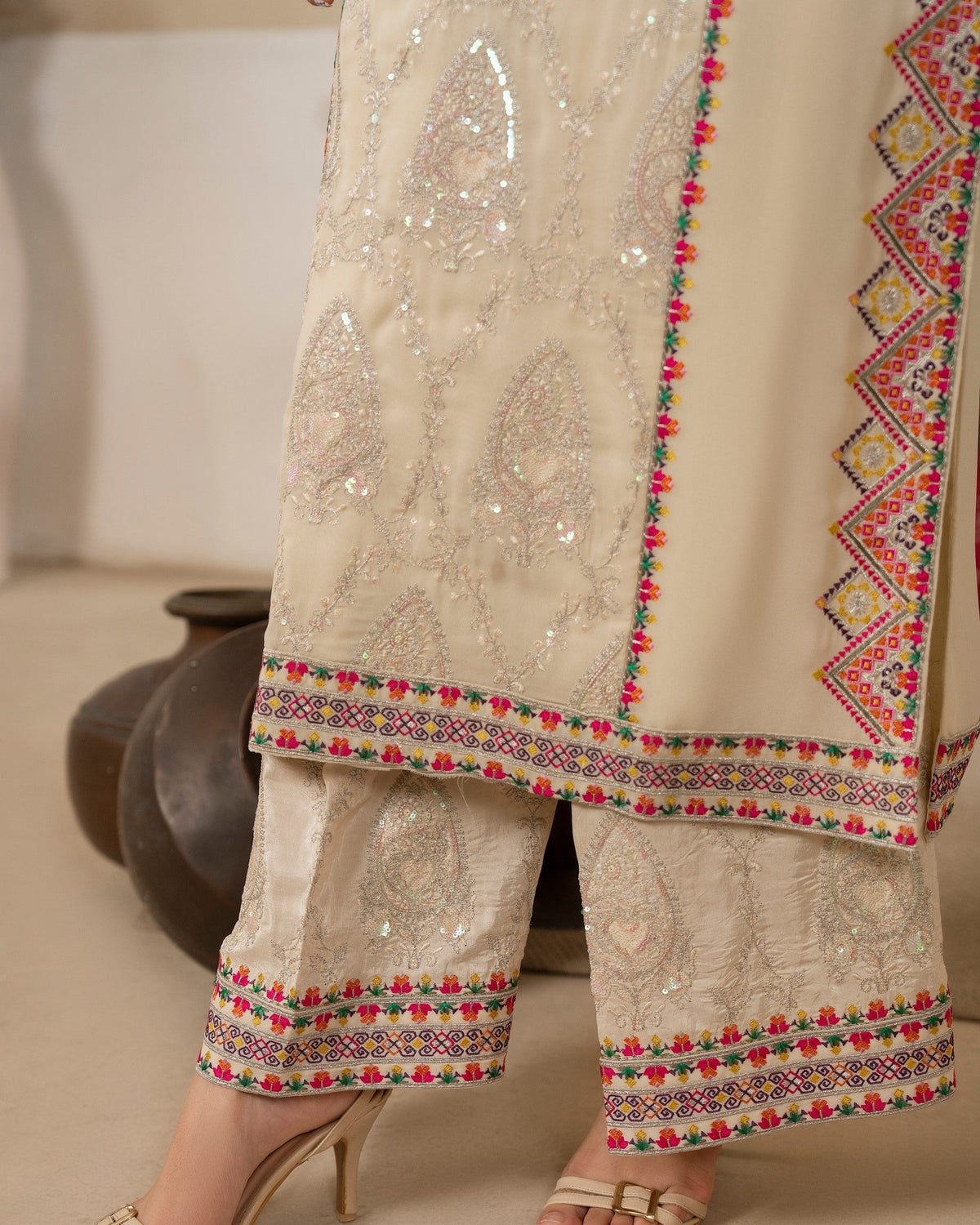 Champagne Cream Russian Grip Slub Shalwar Kameez Online in Sri Lanka India Australia