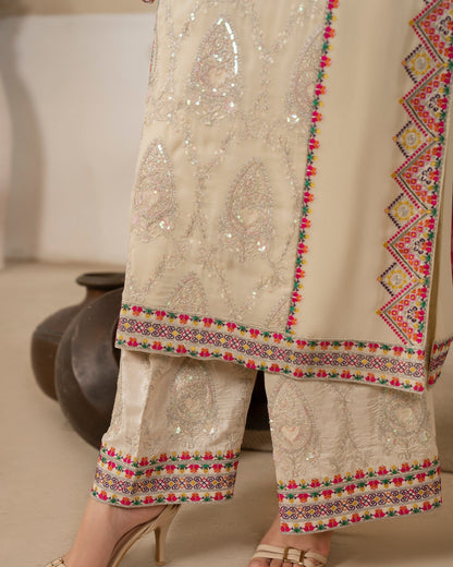Champagne Cream Russian Grip Slub Shalwar Kameez Online in Sri Lanka India Australia