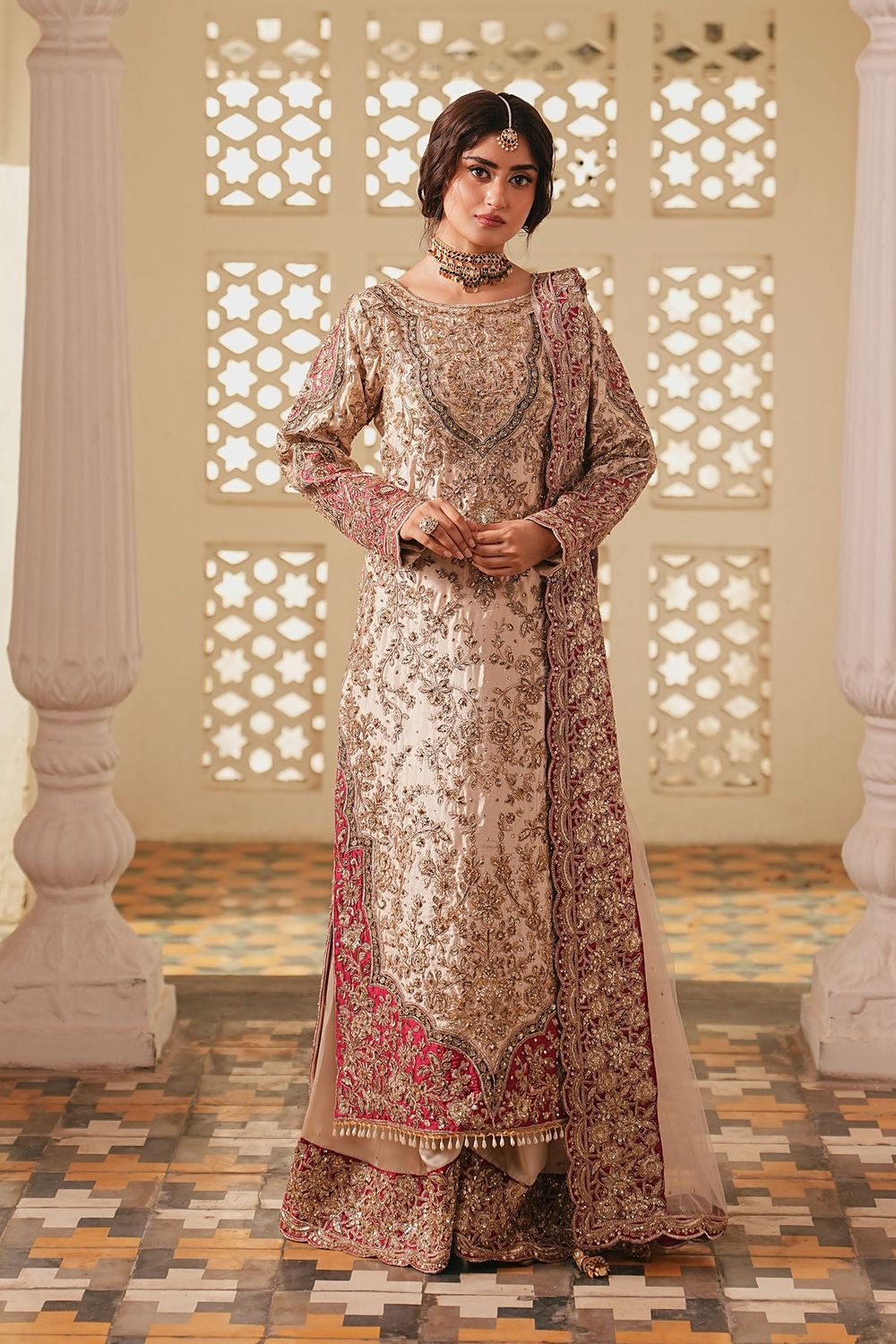 Champagne Embroidered Charmuse Pakistani Suit Online in Dubai UAE Abudhabi Ajman Sharjah