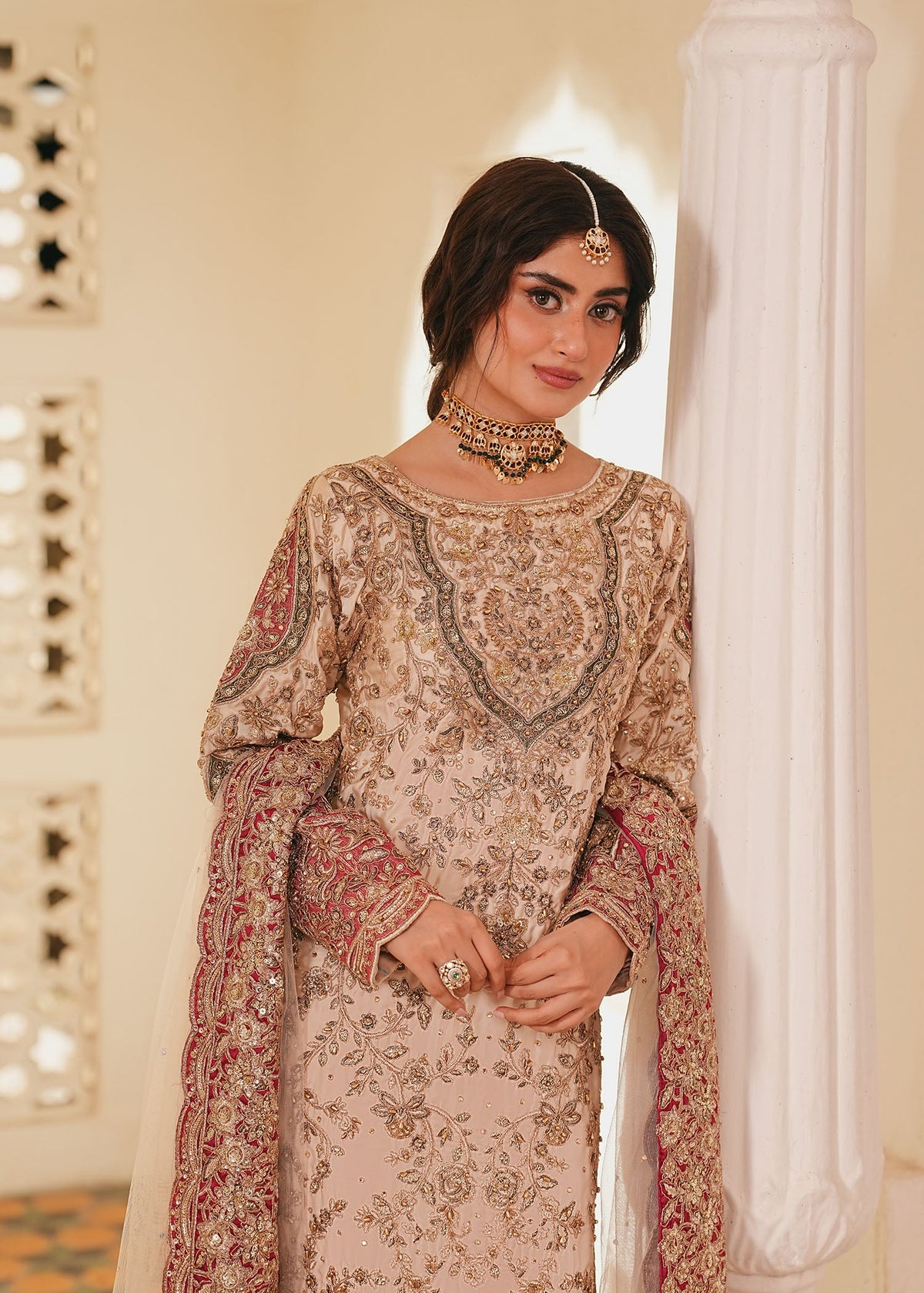 Champagne Embroidered Charmuse Pakistani Wedding Dress Online in Dubai DXB UAE Abudhabi Meena Bazaar