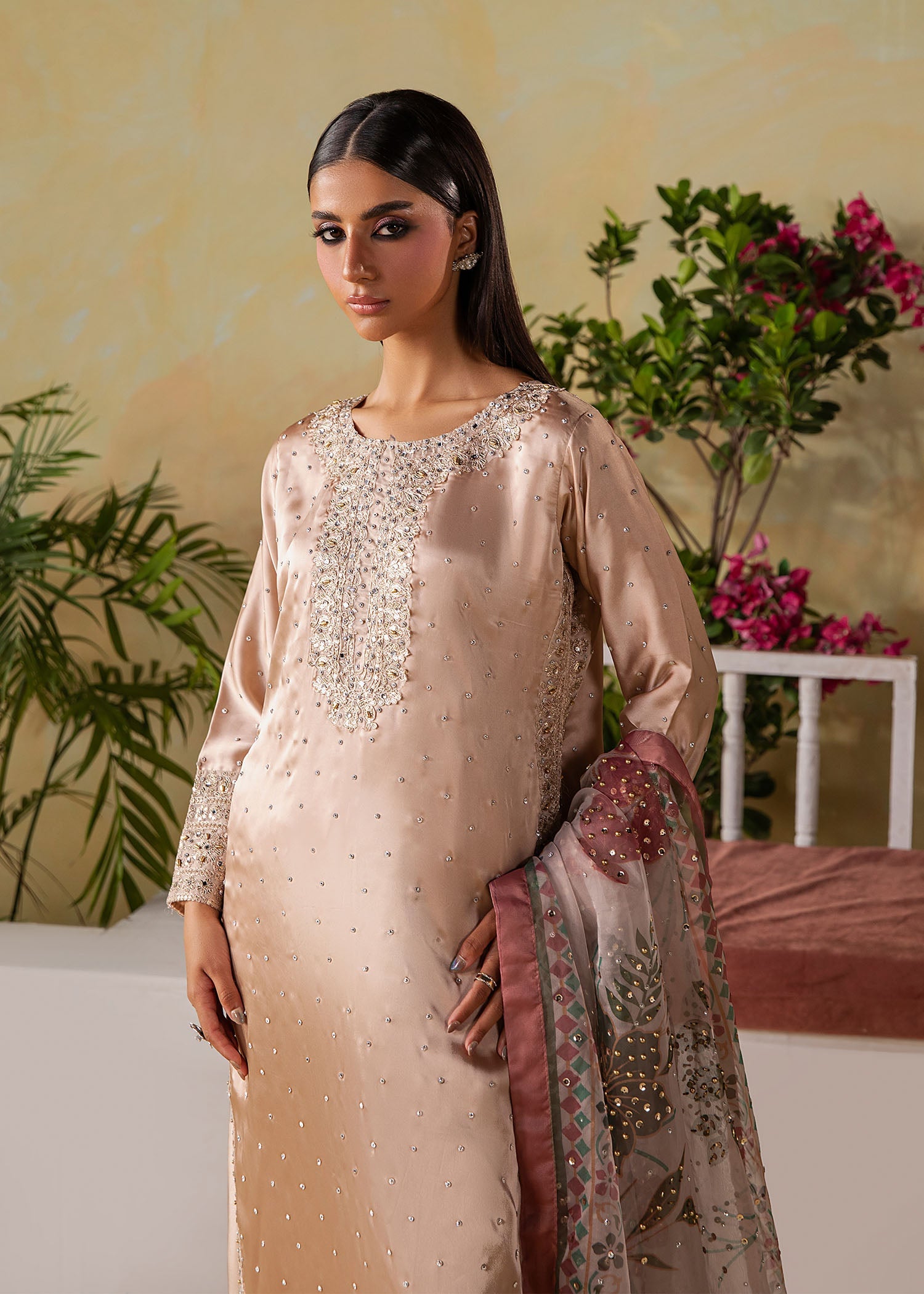 Champagne Embroidered Charmuse Straight Cut Salwar Suit Online in KSA Riyadh Saudi Arabia Oman Bahrain Qatar