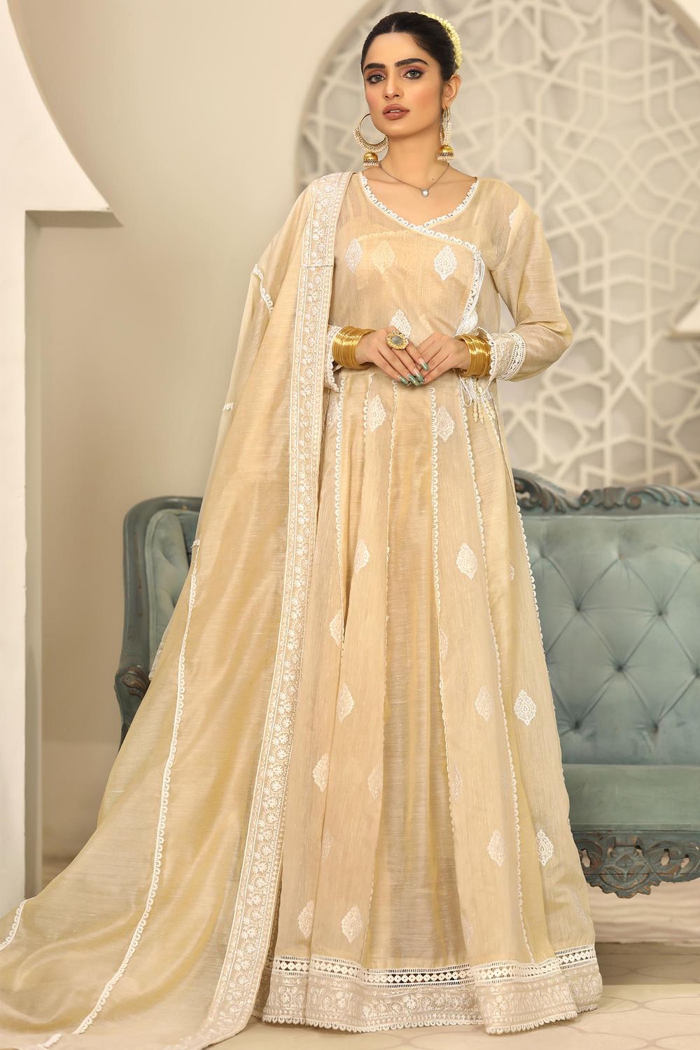 Champagne Embroidered Cotton Angrakha Gown Online in Dubai UAE Abudhabi Ajman Sharjah
