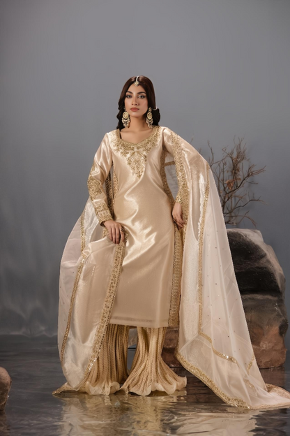 Champagne Embroidered Tissue Party Wear Kurti Set Online in Dubai UAE Abudhabi Ajman Sharjah