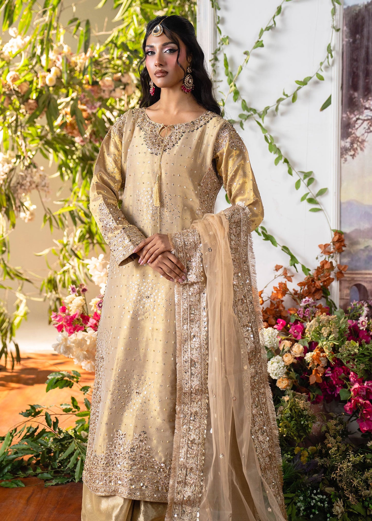 Champagne Embroidered Viscose Salwar Kameez Online in KSA Riyadh Saudi Arabia Oman Bahrain Qatar