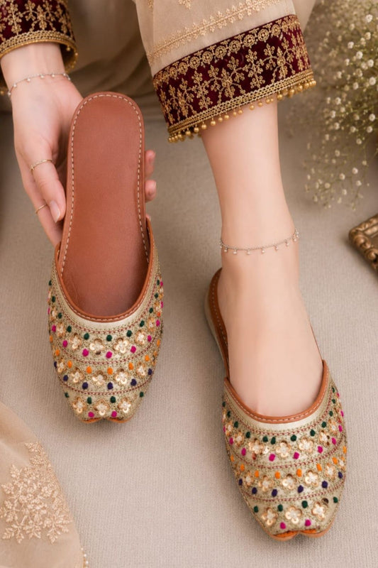 Champagne Gold Embroidered Mule Khussa Ladies Ethnic Shoes Online in Dubai UAE Abudhabi Ajman Sharjah