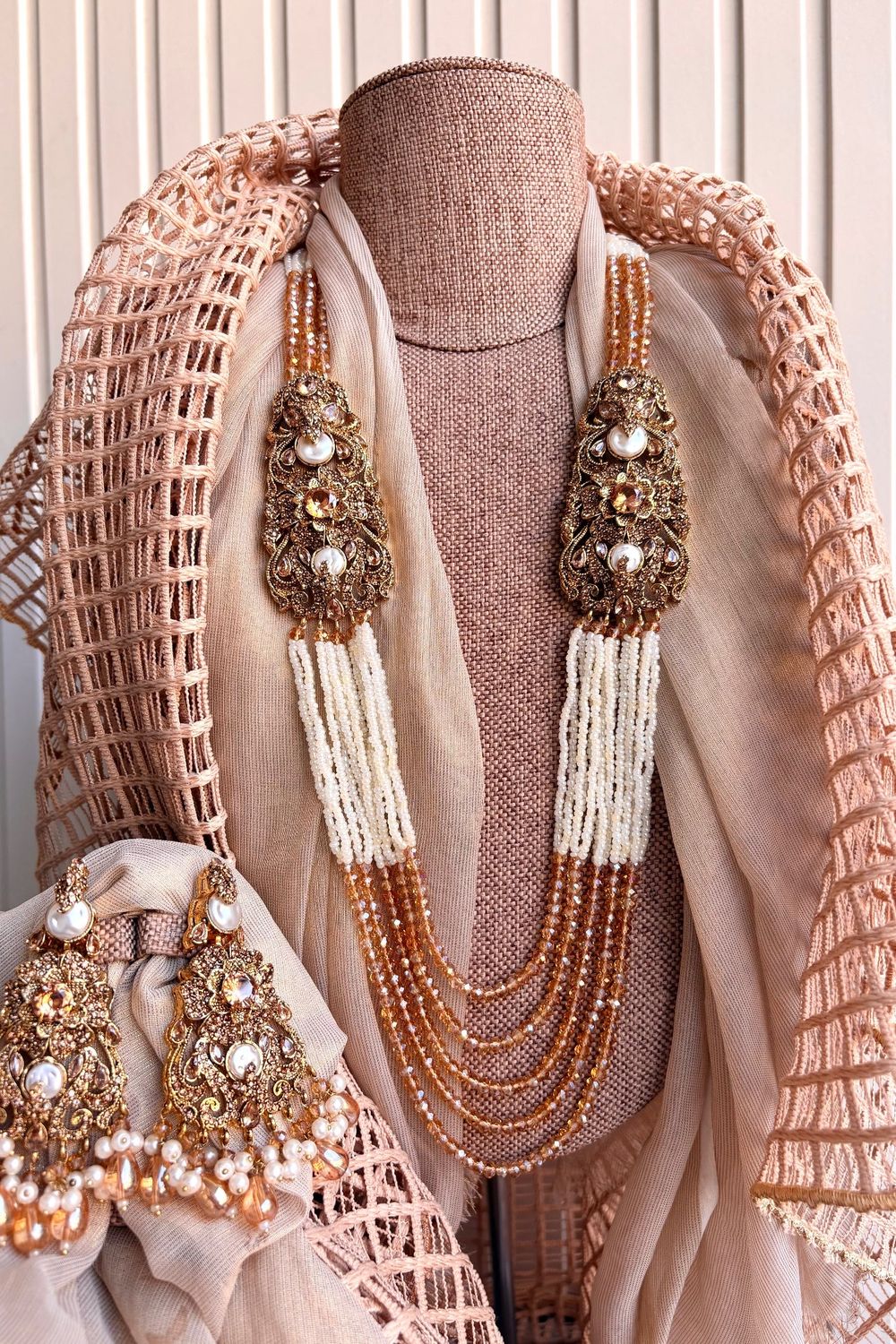 Champagne Gold Stone Work Malaa Necklace Set Online in Dubai UAE Abudhabi Ajman Sharjah