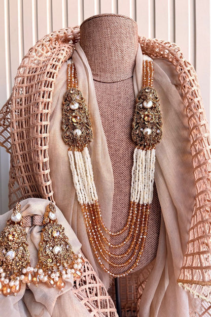 Champagne Gold Stone Work Malaa Necklace Set Online in Dubai UAE Abudhabi Ajman Sharjah
