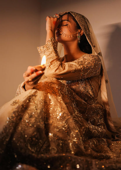 Champagne Net Embellished Pishwas Suit Online in Dubai UAE Abudhabi Ajman Sharjah