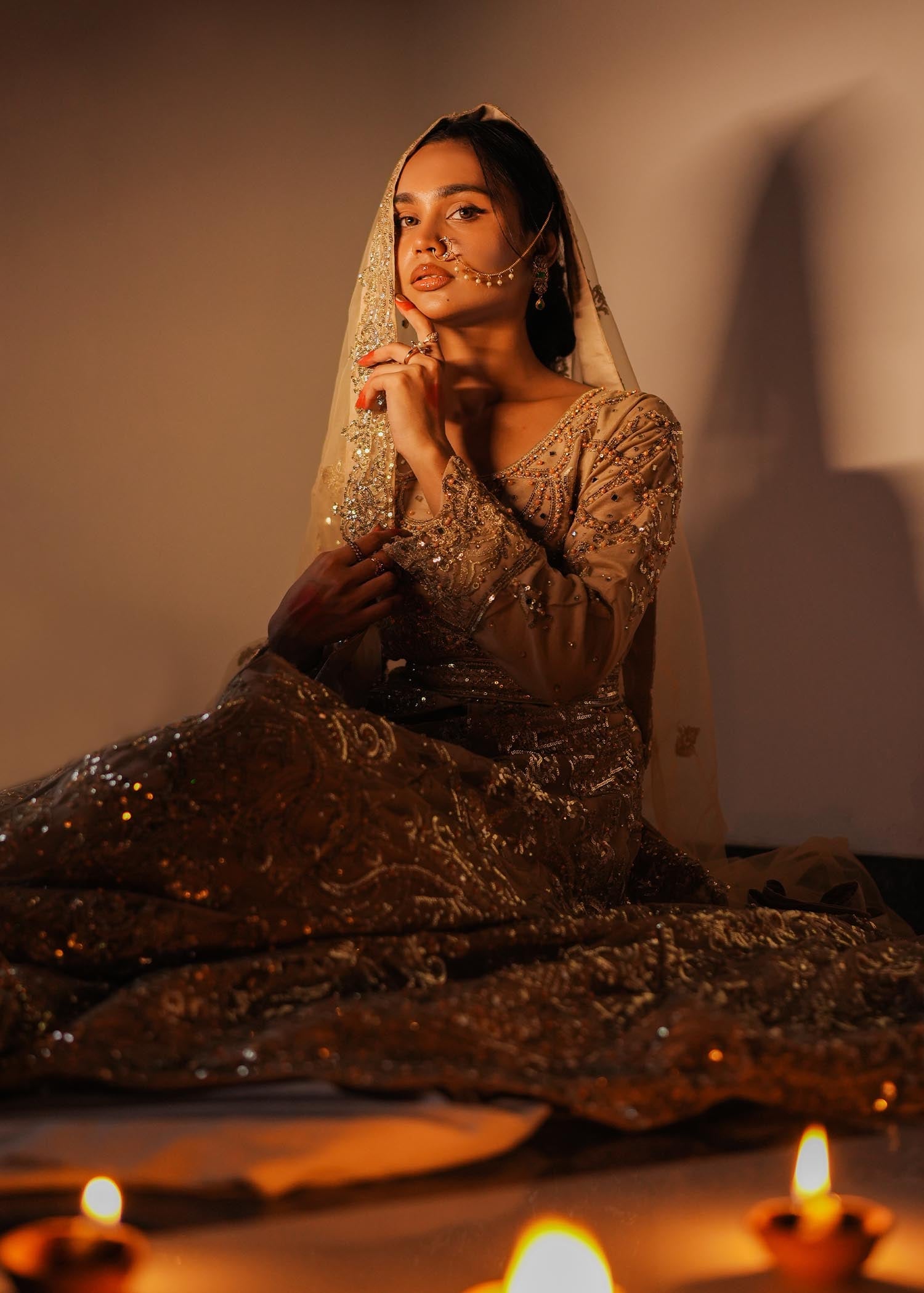 Champagne Net Flared Pishwas Dupatta Online in Dubai DXB UAE Abudhabi Meena Bazaar