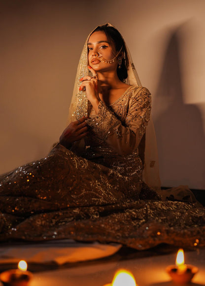 Champagne Net Flared Pishwas Dupatta Online in Dubai DXB UAE Abudhabi Meena Bazaar