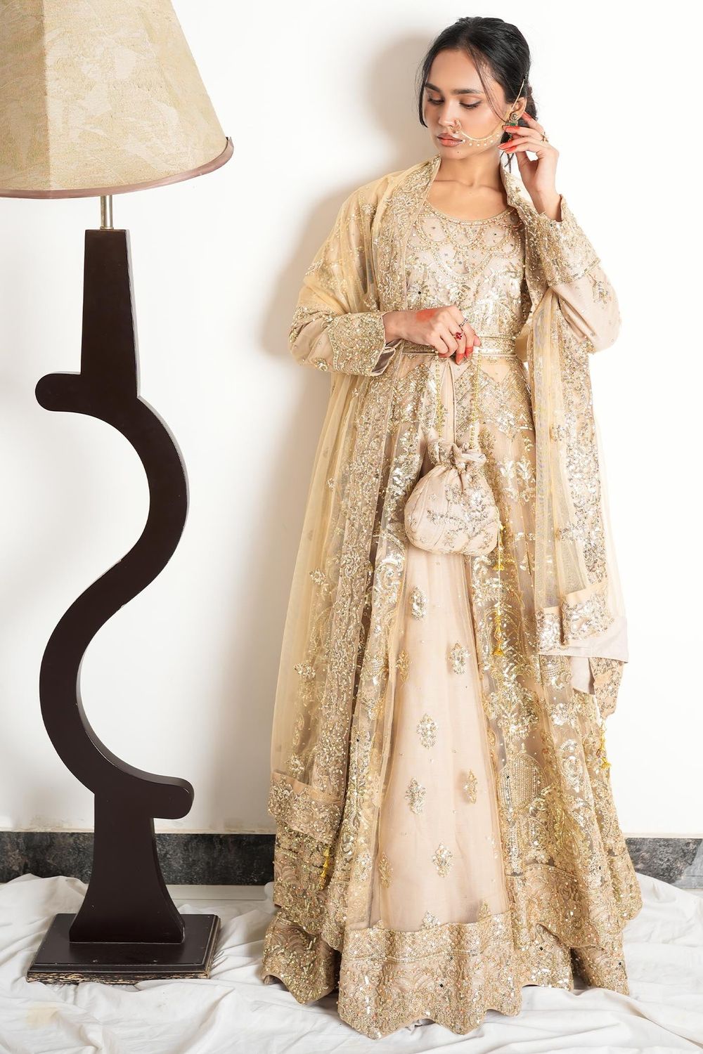 Champagne Net Flared Pishwas Wedding Guest Wear Online in Dubai UAE Abudhabi Ajman Sharjah
