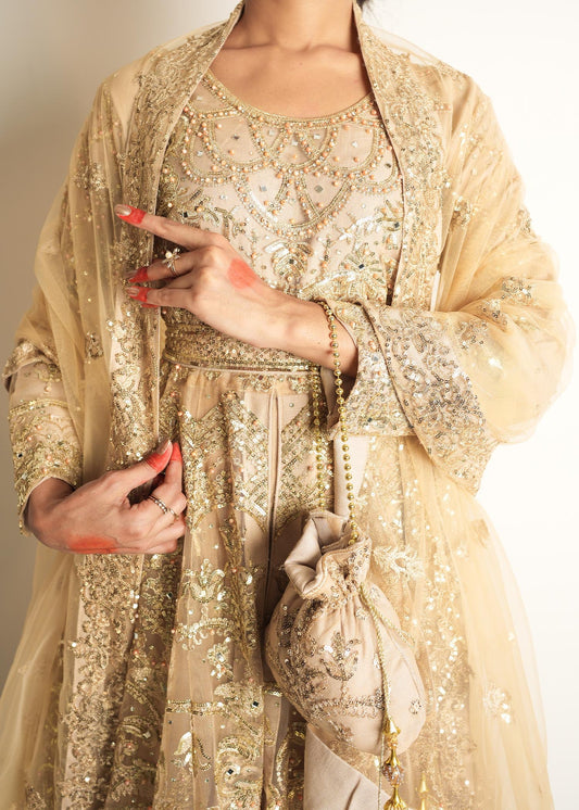 Champagne Net Flared Top Dupatta Set Online in Sri Lanka India Australia