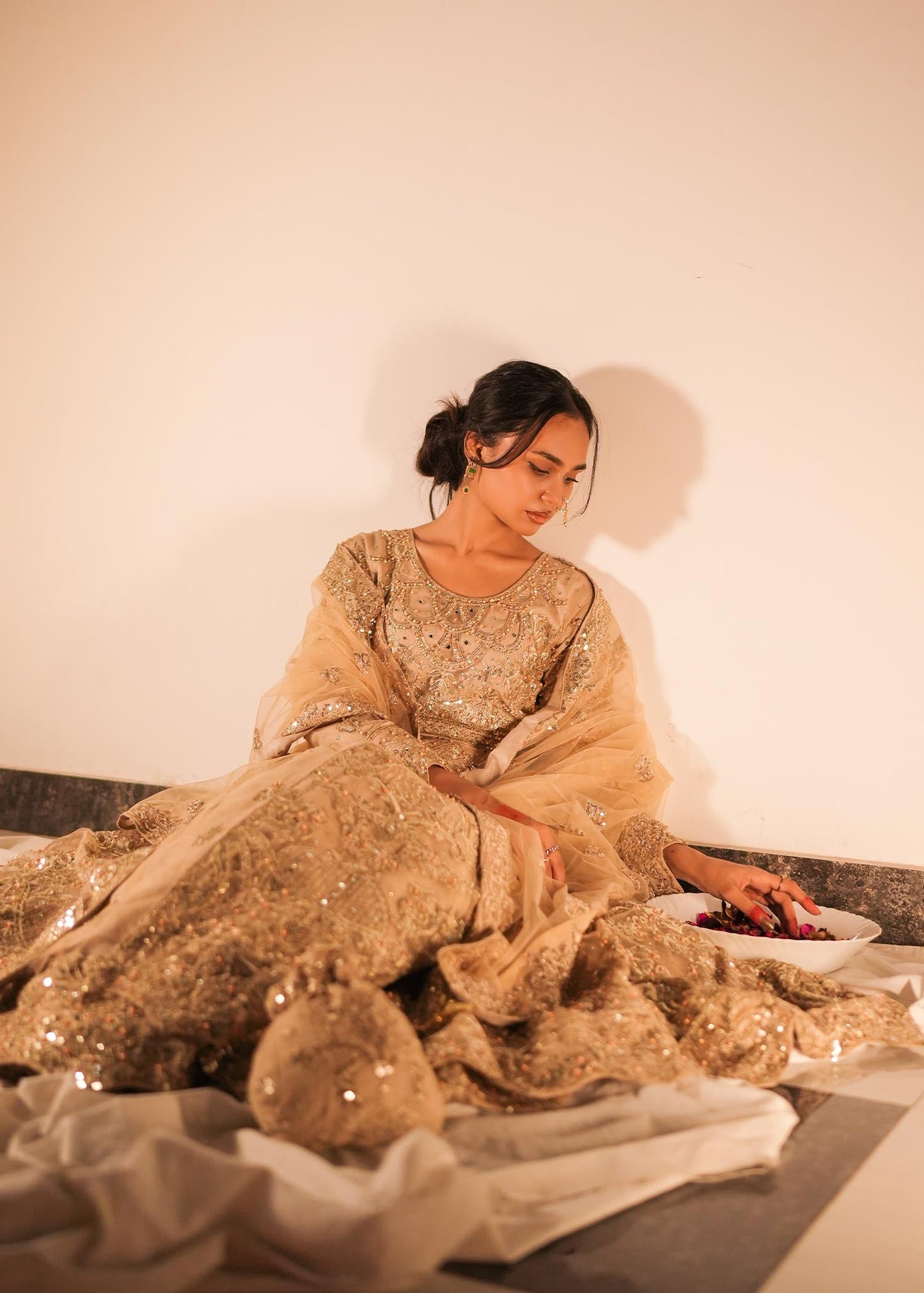 Champagne Net Net Pishwas Wedding Outfit Online in UK USA Canada