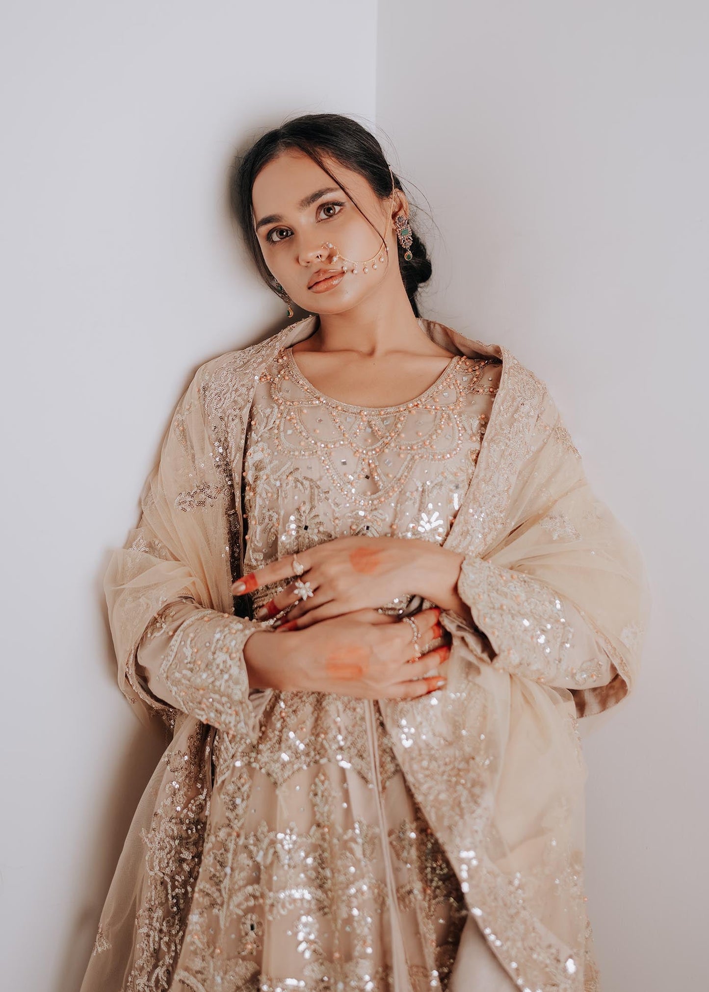 Champagne Net Pakistani Wedding Suit Online in KSA Riyadh Saudi Arabia Oman Bahrain Qatar