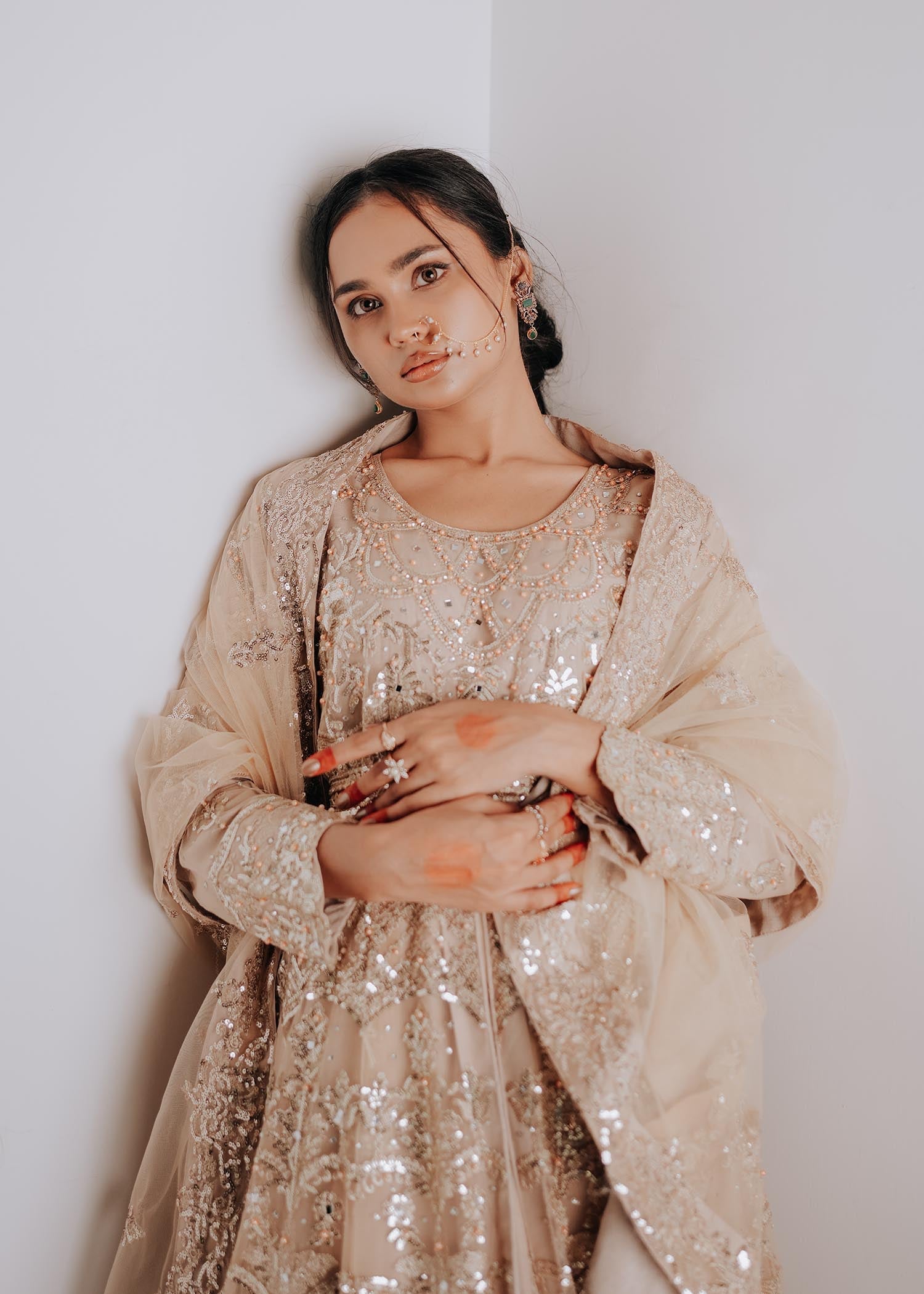 Champagne Net Pakistani Wedding Suit Online in KSA Riyadh Saudi Arabia Oman Bahrain Qatar