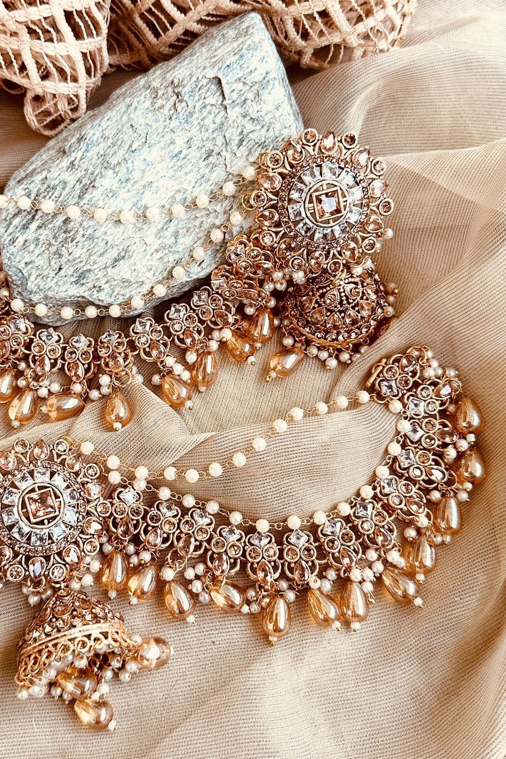 Champagne Stone Work Jhumka Earrings Online in Dubai UAE Abudhabi Ajman Sharjah