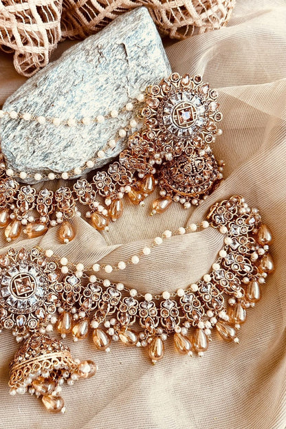 Champagne Stone Work Jhumka Earrings Online in Dubai UAE Abudhabi Ajman Sharjah