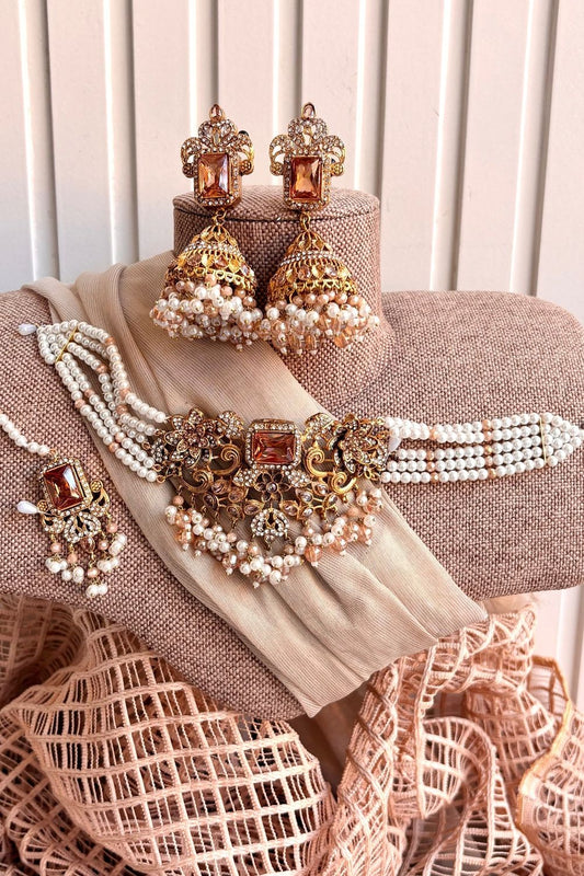 Champagne Zirelle Choker Necklace Set Online in Dubai UAE Abudhabi Ajman Sharjah