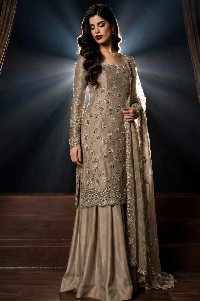 Coffee Brown Pure Crinkle Chiffon Suit with Cutdana Work