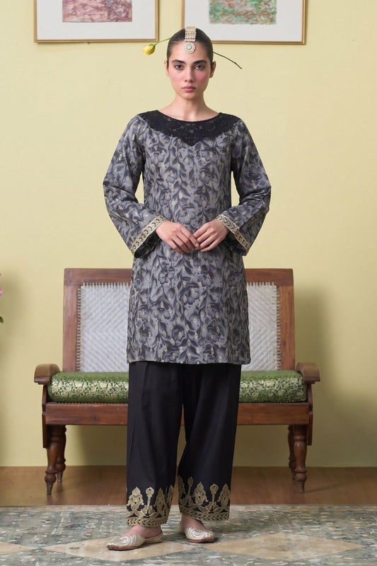 Charcoal Black Embroidered Lawn Straight Cut Kurta Online in Dubai UAE Abudhabi Ajman Sharjah