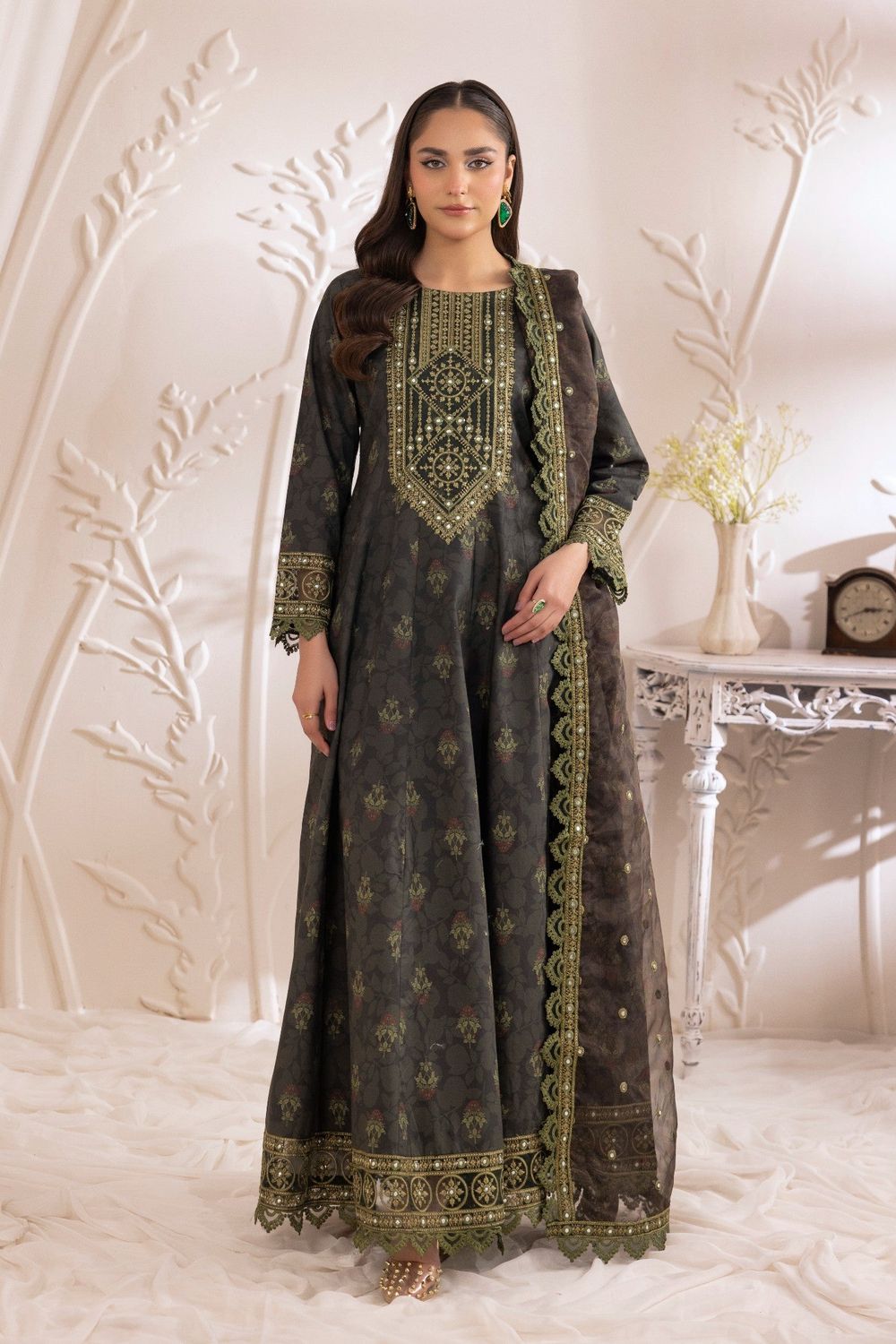 Charcoal Black Embroidered Poly Lawn Partywear Suit Online in Dubai UAE Abudhabi Ajman Sharjah