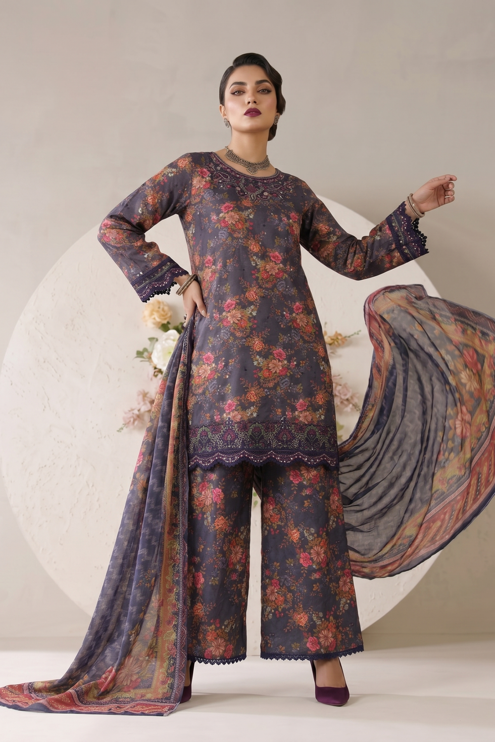Charcoal Embroidered Lawn Salwar Kameez Online in Dubai UAE Abudhabi Ajman Sharjah