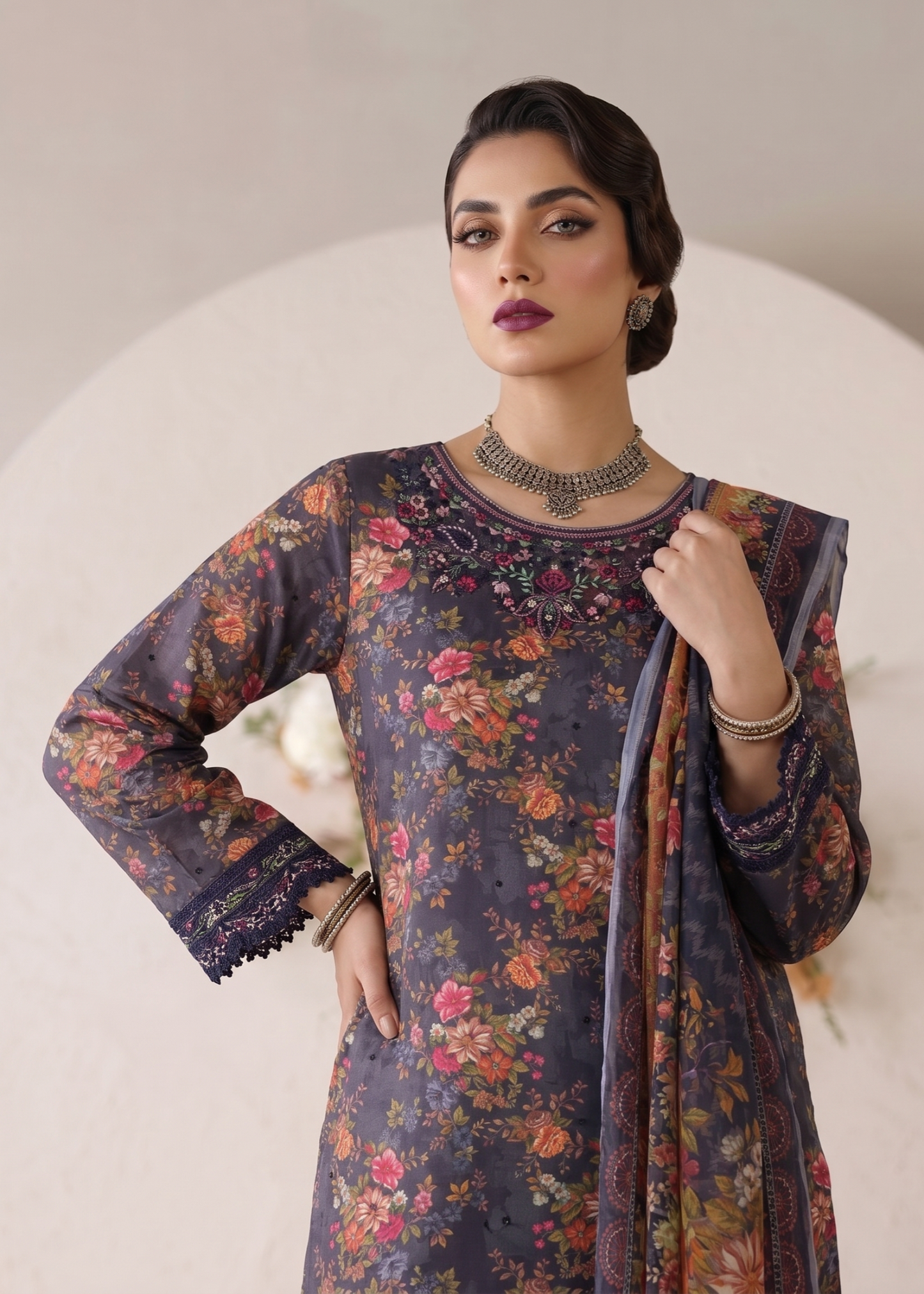 Charcoal Embroidered Lawn Salwar Kameez Online in Dubai UAE Abudhabi Ajman Sharjah