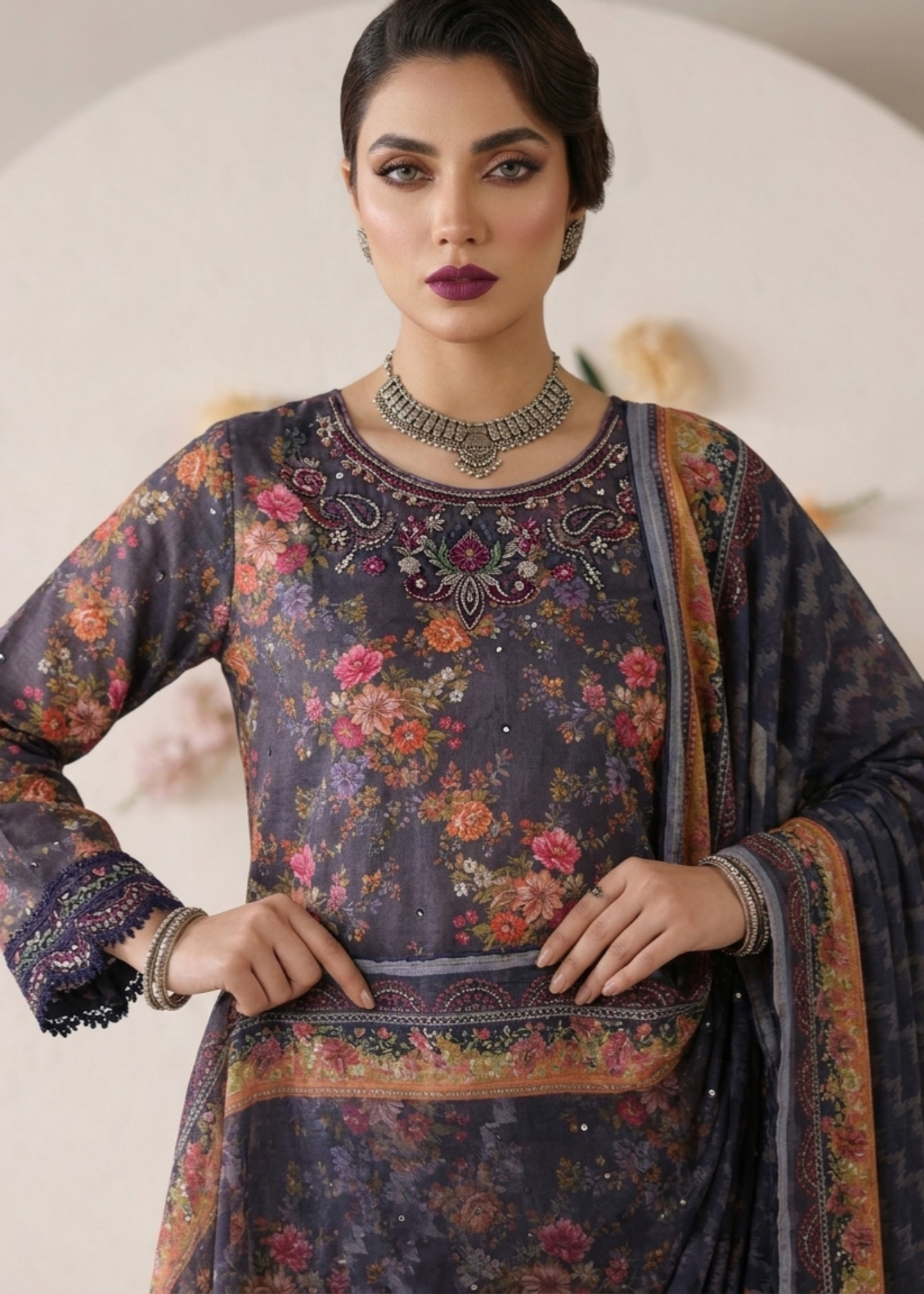 Charcoal Embroidered Lawn Suit Online in KSA Riyadh Saudi Arabia Oman Bahrain Qatar