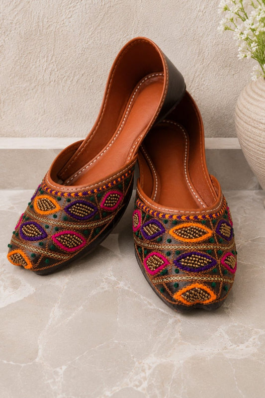 Charcoal Grey Multicolor Embroidered Punjabi Khussa Online in Dubai UAE Abudhabi Ajman Sharjah
