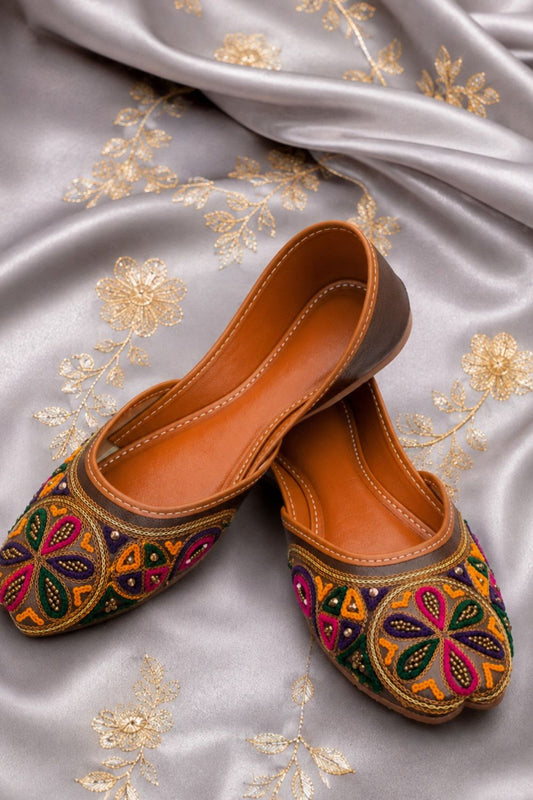 Charcoal Grey Multicolor Embroidered Punjabi Khussa Online in Dubai UAE Abudhabi Ajman Sharjah