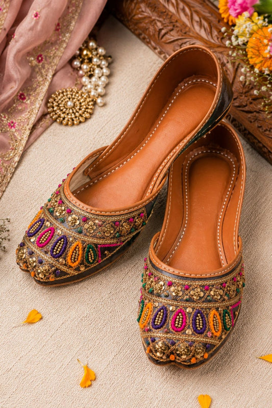 Charcoal Grey Multicolor Embroidered Punjabi Khussa Online in Dubai UAE Abudhabi Ajman Sharjah