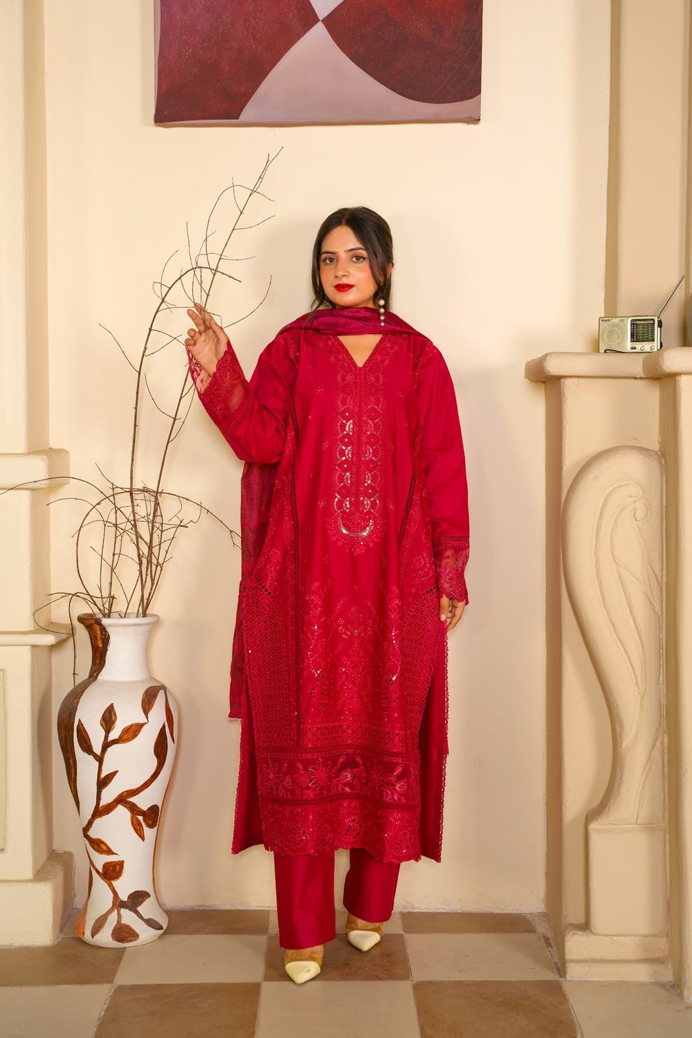 Cherry Red Embroidered Arabic Lawn Kurta Set Online in Dubai UAE Abudhabi Ajman Sharjah