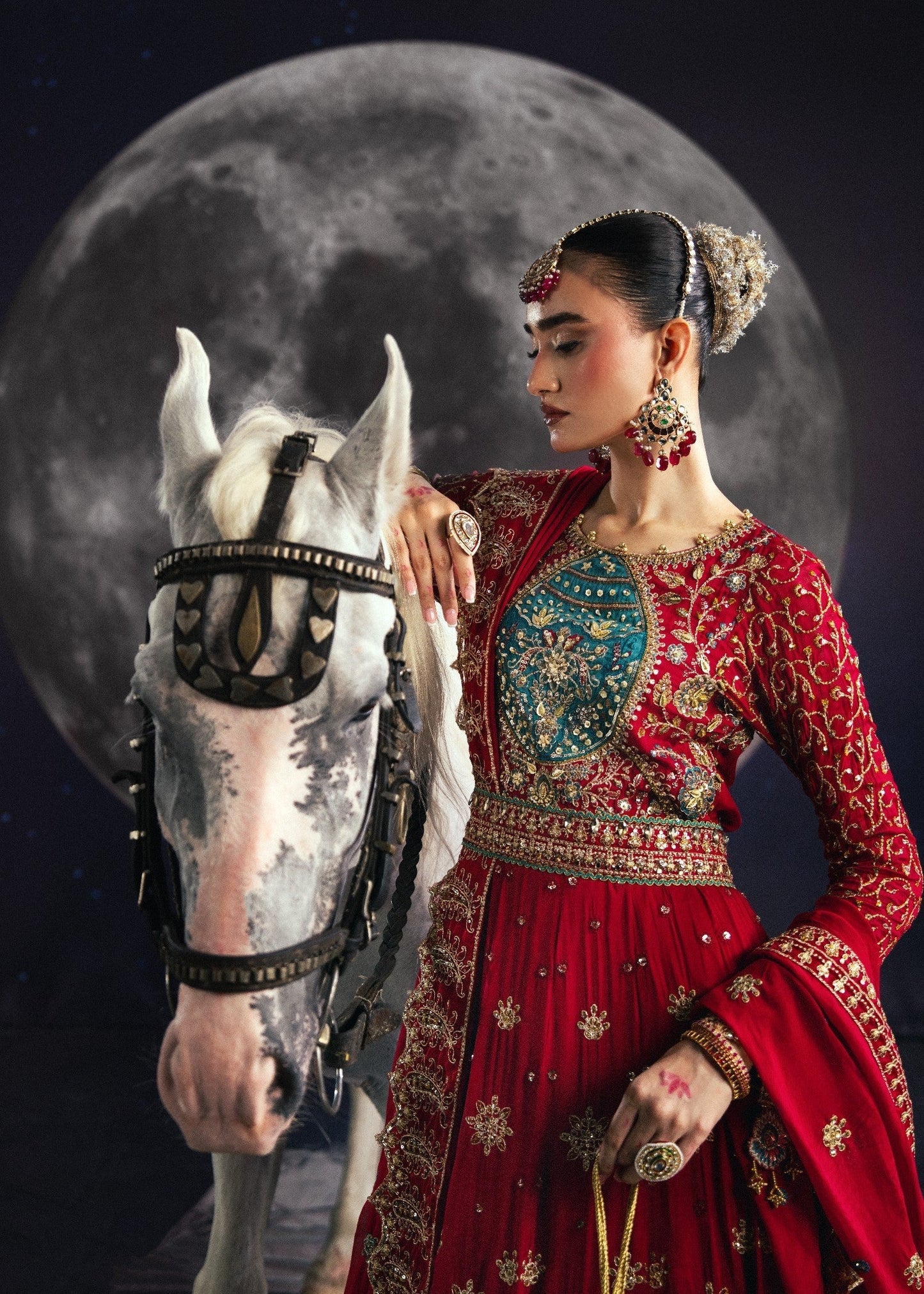 Cherry Red Embroidered Chiffon Wedding Suit Online in Dubai DXB UAE Abudhabi Meena Bazaar