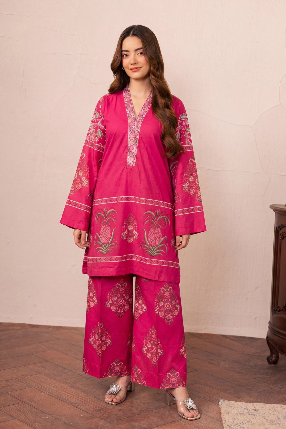 Cherry Red Embroidered Lawn Kurta Set Online in Dubai UAE Abudhabi Ajman Sharjah