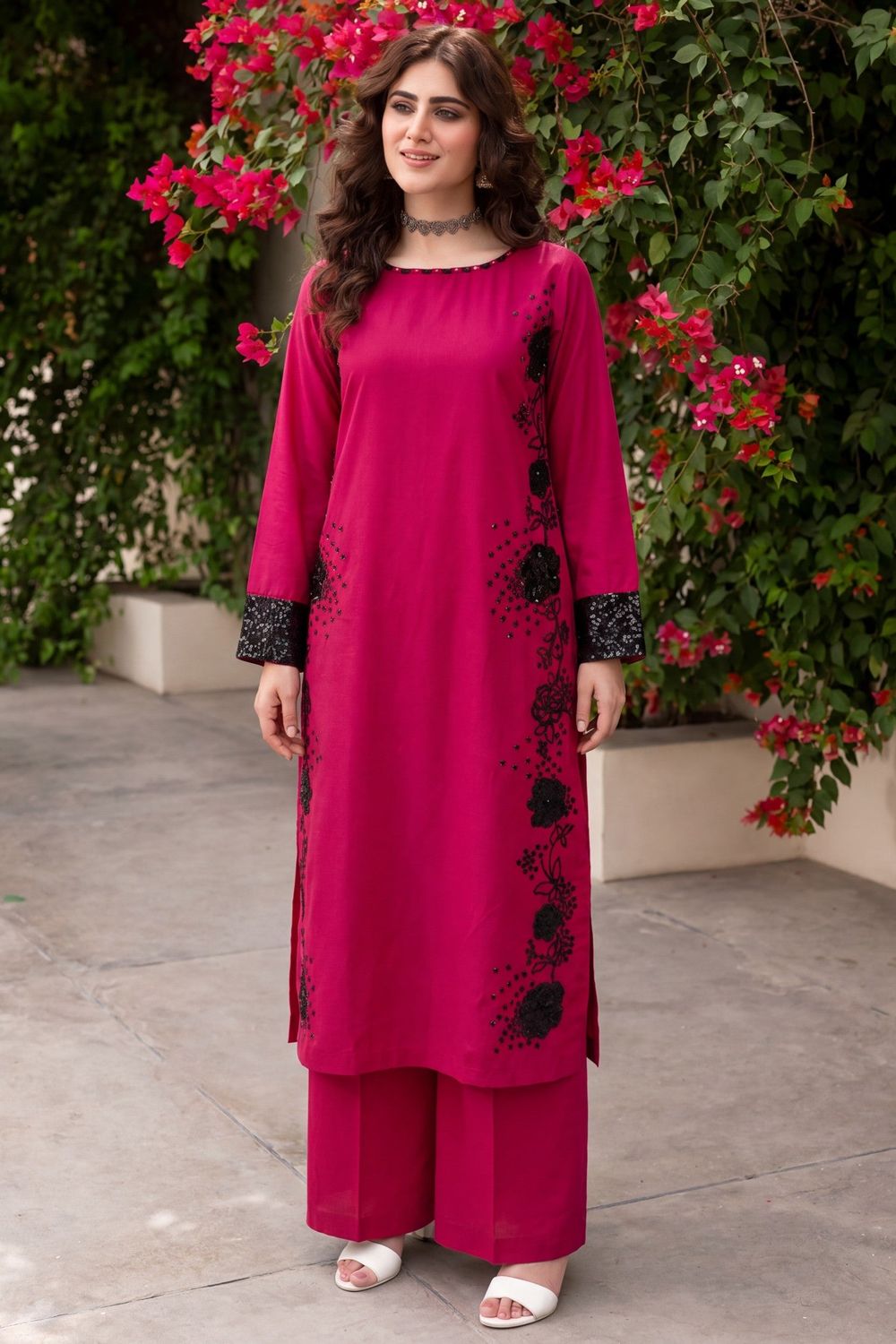 Cherry Red Sequined Lawn Kurta Set Online in Dubai UAE Abudhabi Ajman Sharjah