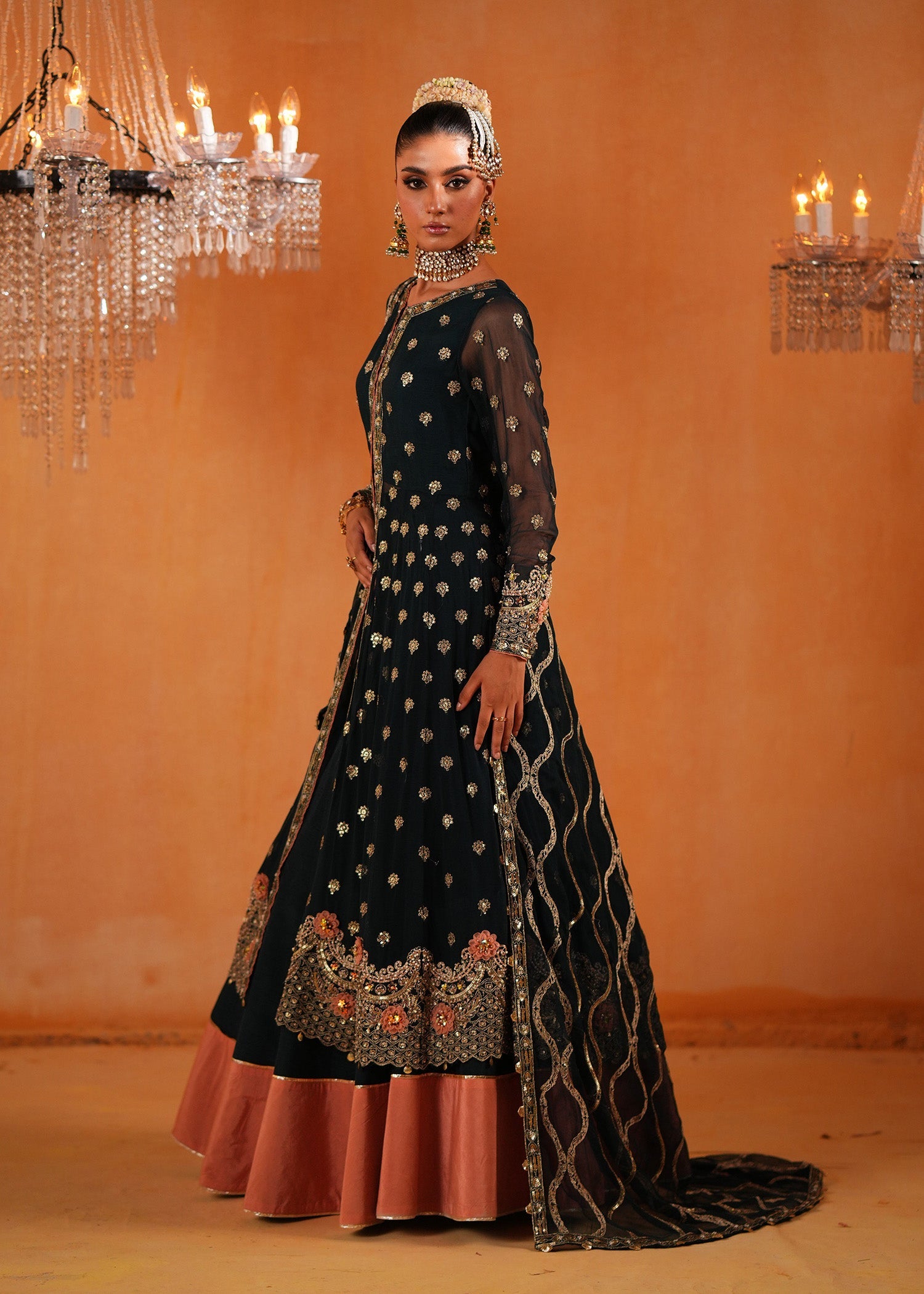 Chiffon Anarkali Gown Dark Green Partywear Online in Dubai UAE Abudhabi Ajman Sharjah
