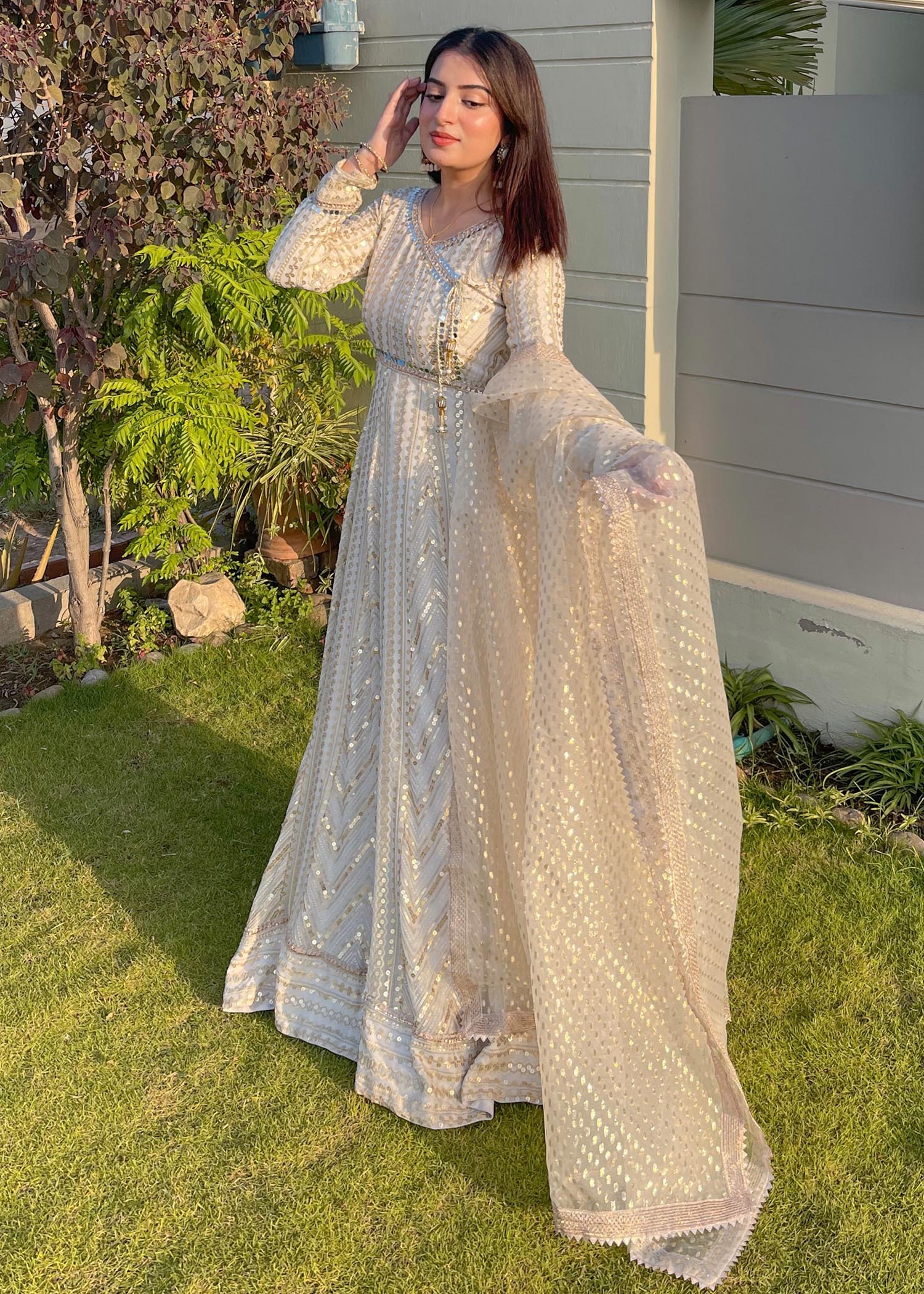 Chiffon Angrakha Suit with Raw Silk Bottom Online in Sri Lanka India Australia