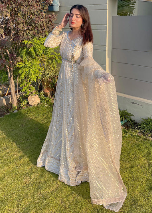 Chiffon Angrakha Suit with Raw Silk Bottom Online in Sri Lanka India Australia